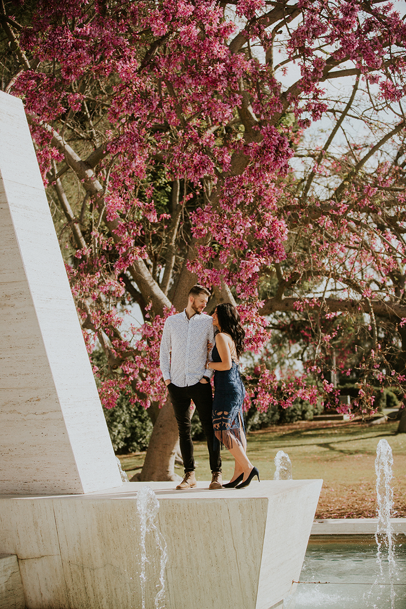 A couple hold each other under pink cherry blossoms at the Los Angeles County Arboretum and Botanic Garden for this Los Angeles engagement photography session