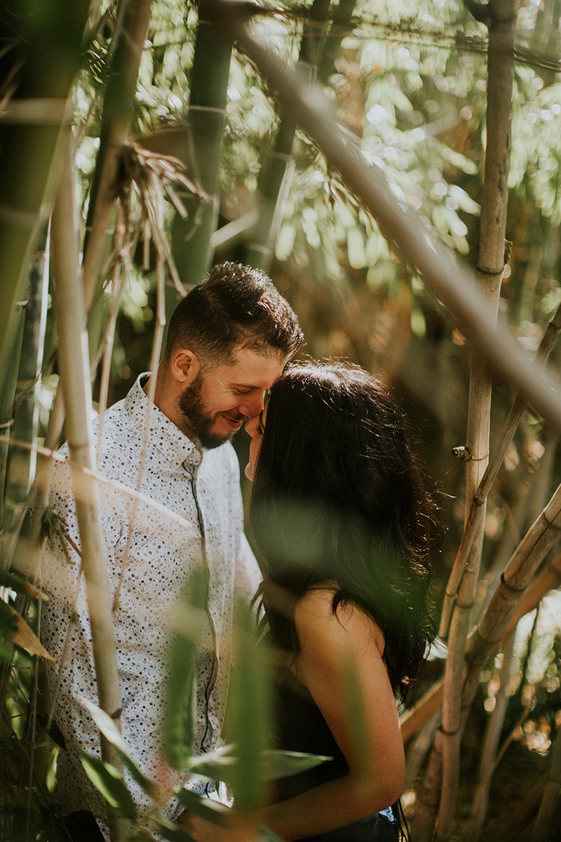 A couple hold each other in a bamboo forest at the Los Angeles County Arboretum and Botanic Garden for this Los Angeles engagement photography session